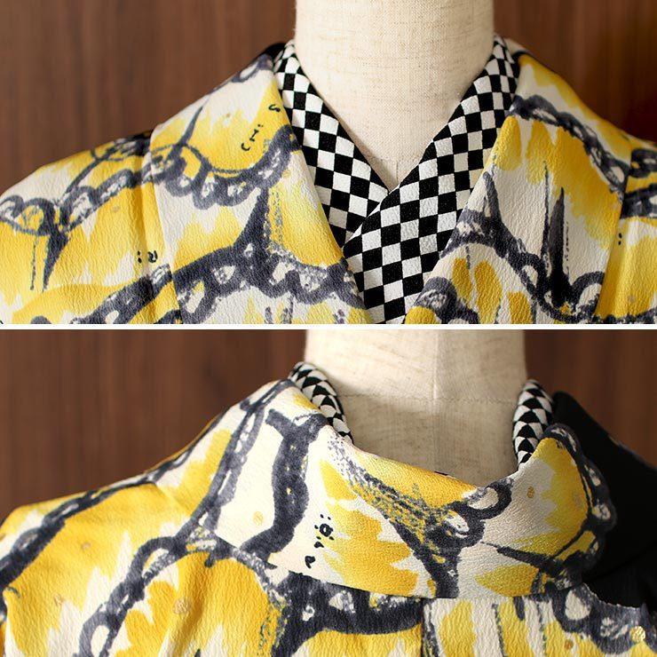 洗える 小紋 着物 袷 フリルレース 黄色 黒 (281-B) 日本製 プレタ着物