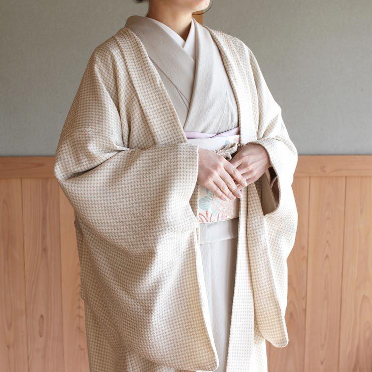レース 長羽織 日本製 ちどり格子 薄羽織 (クリーム×白) 千鳥 塵