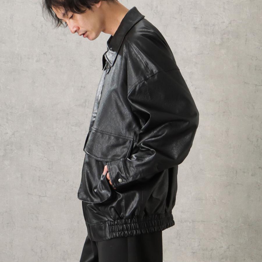 黒ブルゾンフェイクレザーブラックジャケットジップアップストリート光沢感カジュアル FREAK'S STORE ブルゾン アウター FREAK'S STORE/フリークス