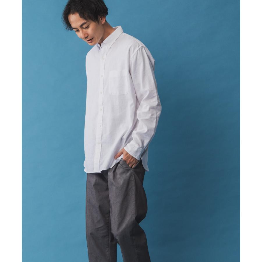 NAVY シャツ メンズ 長袖 リネン混 NAVY SARARI 無地 ボタンダウン