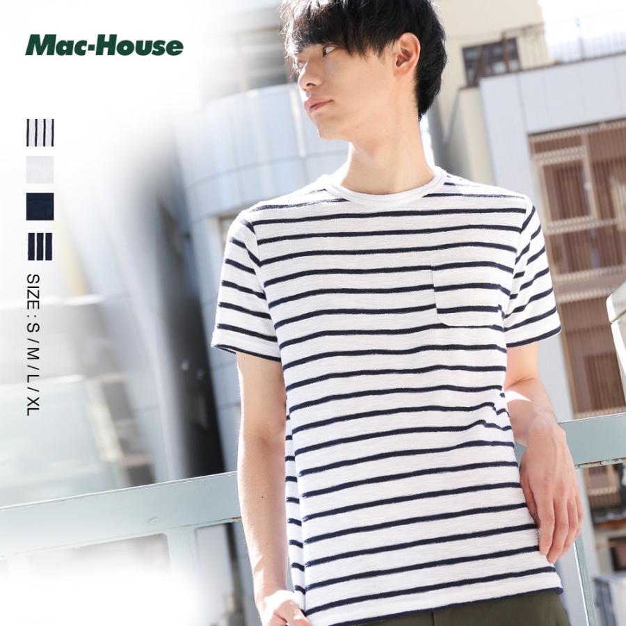 半袖tシャツ クルーネック 無地 ボーダー メンズ Tシャツ ポケット Mac