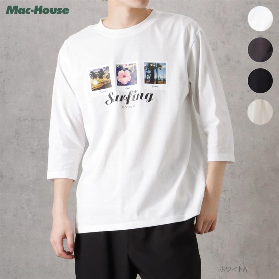 Tシャツ 7分袖 メンズ 綿混 天竺 ロゴ プリント 転写 クルーネック