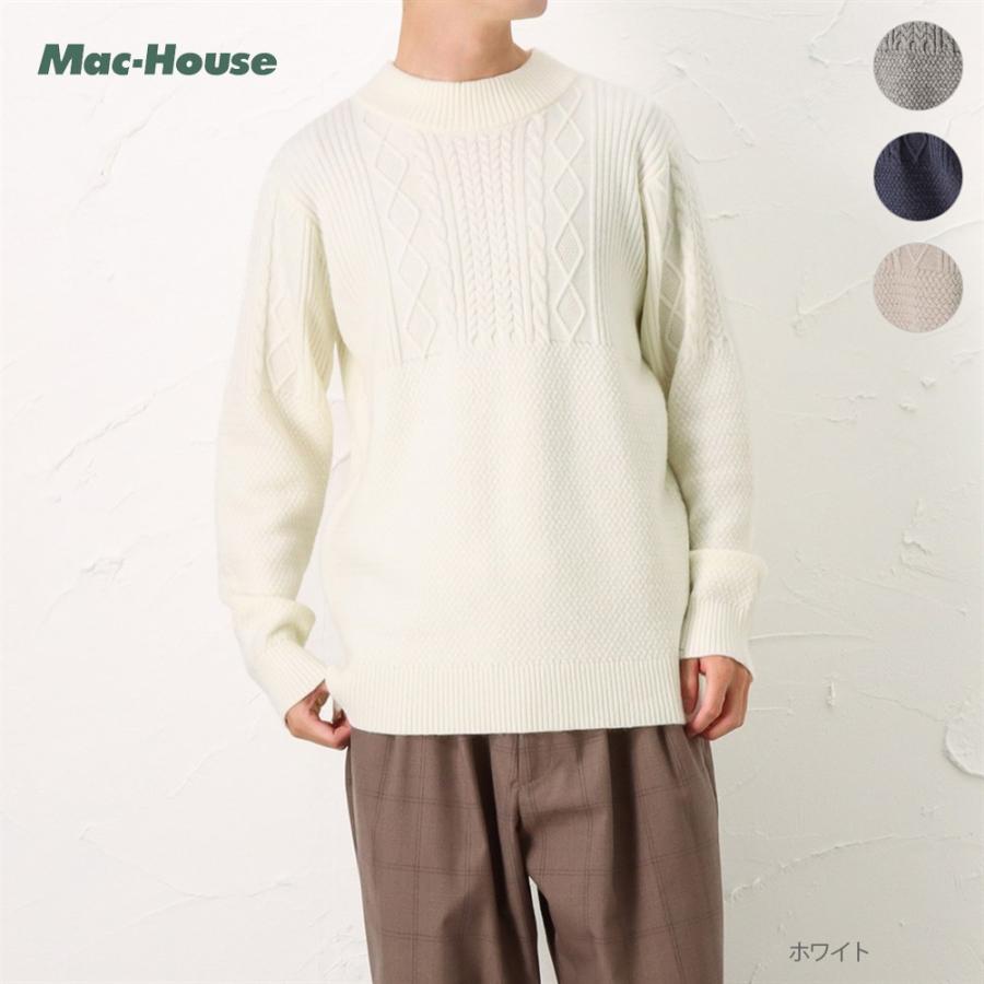 バスケット編み モックネック ニット NAVY ニット セーター メンズ モックネック 切替 バスケット編み