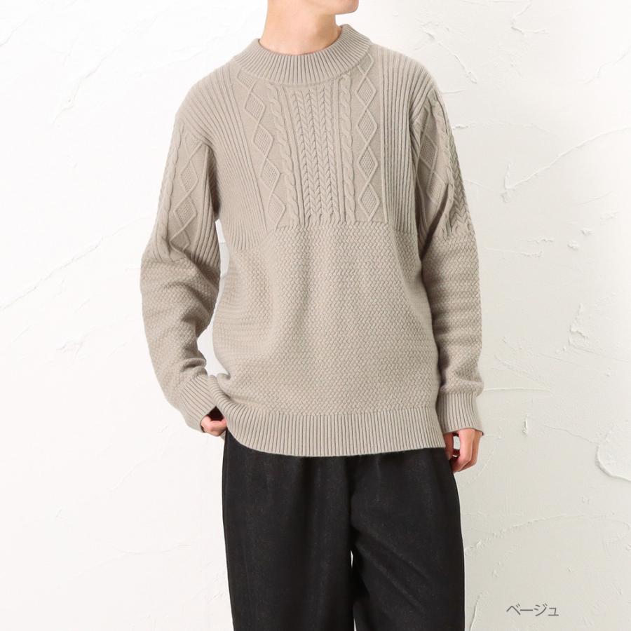 NAVY ニット セーター メンズ モックネック 切替 バスケット編み