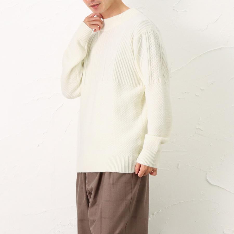 NAVY ニット セーター メンズ モックネック 切替 バスケット編み