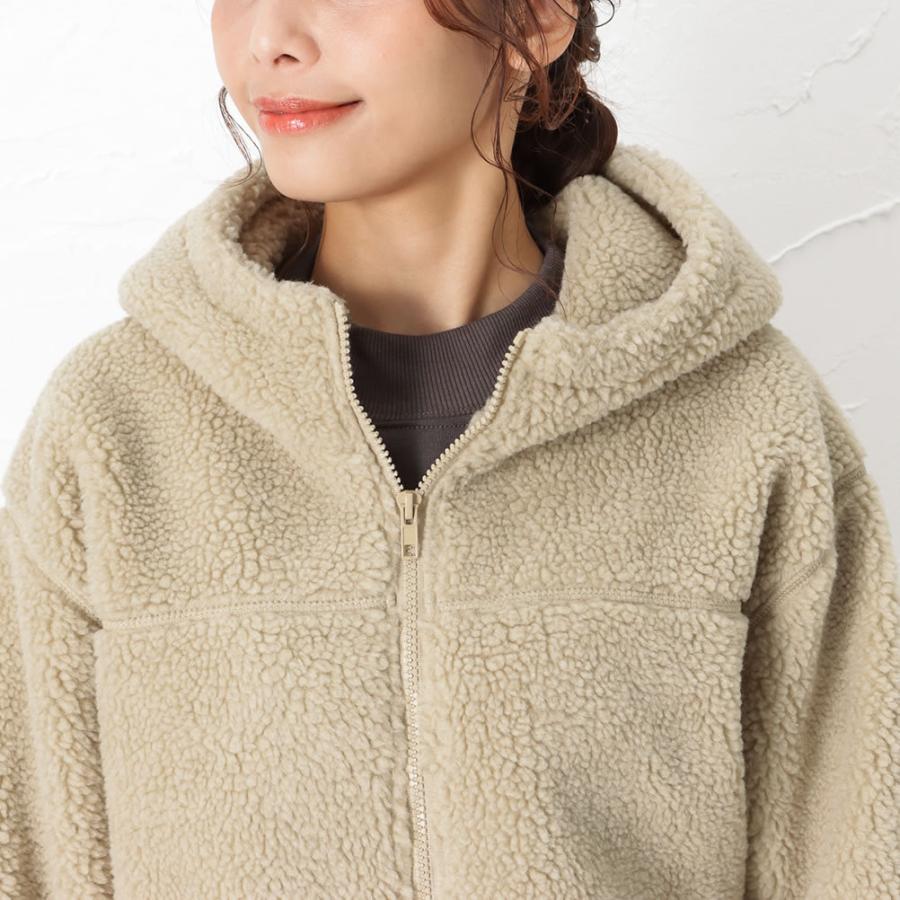 NAVY ボアパーカー レディース ジップアップ 無地 ポケット フード付き