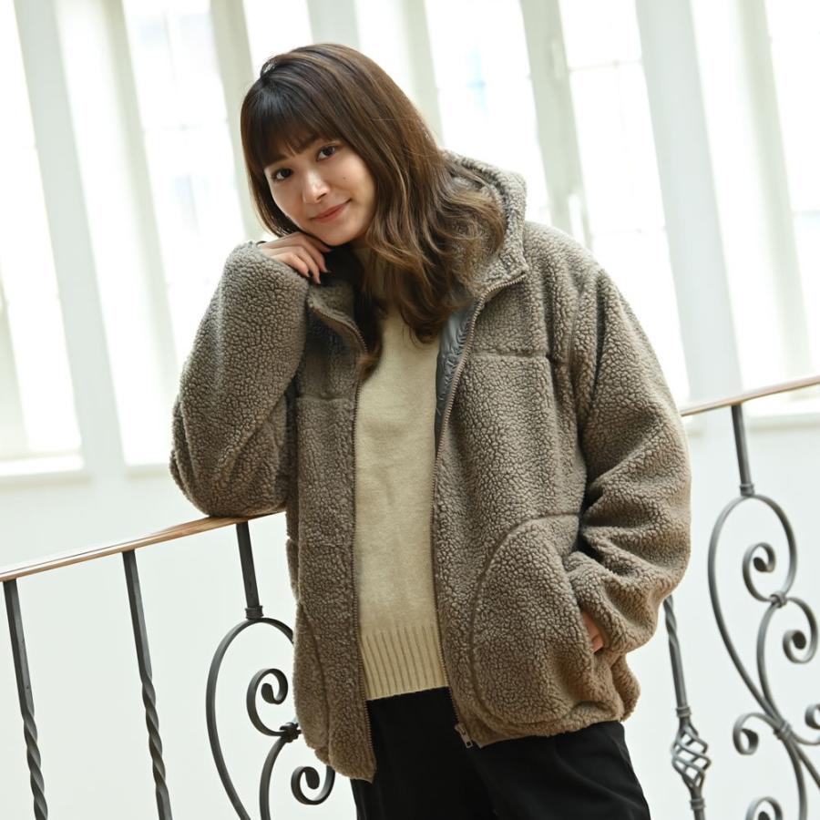 NAVY ボアパーカー レディース ジップアップ 無地 ポケット フード付き