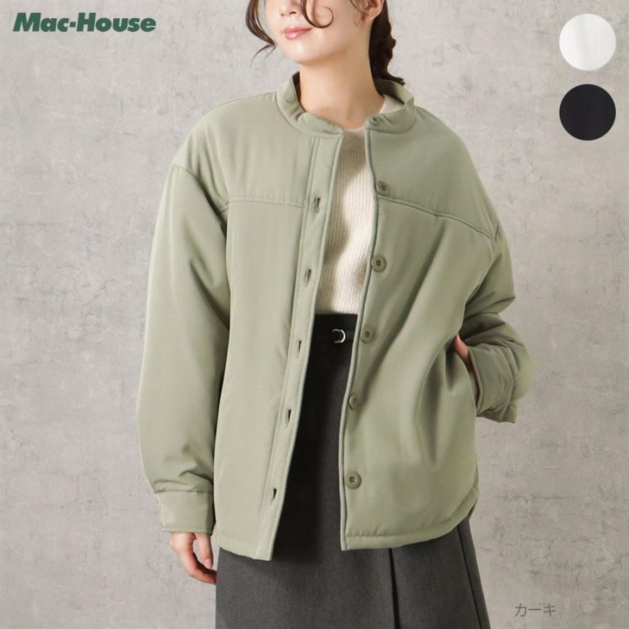 冬 カジュアル ジャケット アウター 上着 ショート丈 袖あり 長袖 ラウンドネック 襟なし シングルブレスト レギュラー ルーズ もこもこ ポケット 伸縮性 ルーズウエスト 厚手 異素材MIX 普通生地（秋冬用） かわいい 大人可愛い カジュアル 大人 かっこいい 大人女子 Howdy Marie 中綿ジャケット レディース 無地 オーバーサイズ ドロップ