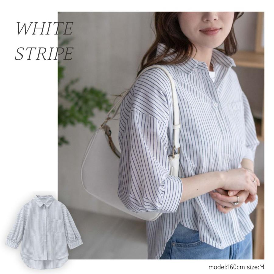 NAVY シャツ レディース 7分袖 シアー感 透け感 ストライプ 前後差丈
