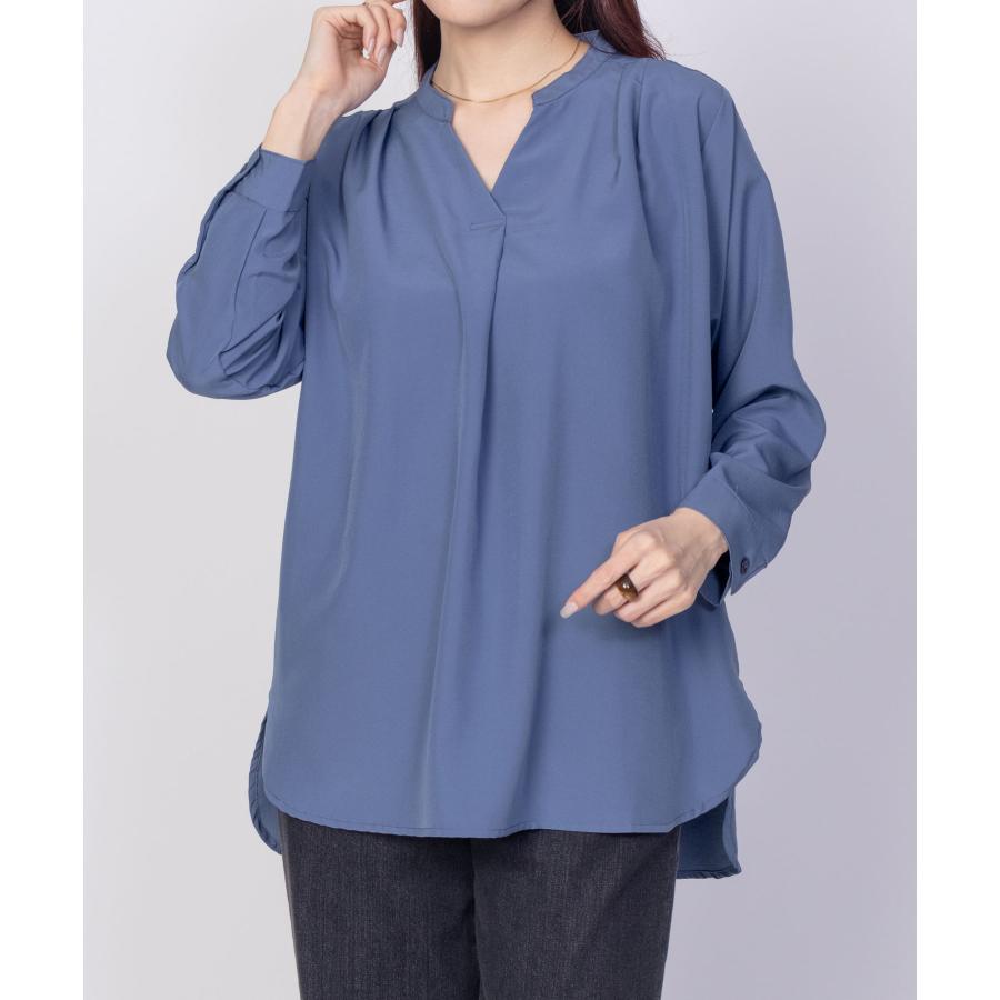 NAVY シャツ ブラウス レディース 7分袖 無地 バンドカラー 前後差丈