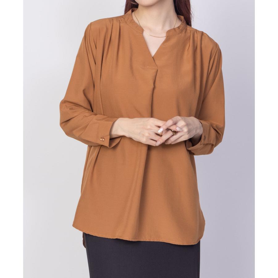 NAVY シャツ ブラウス レディース 7分袖 無地 バンドカラー 前後差丈