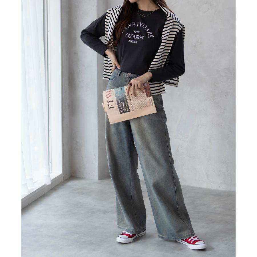 NAVY Tシャツ レディース 長袖 綿混 ロンT プリント クルーネック