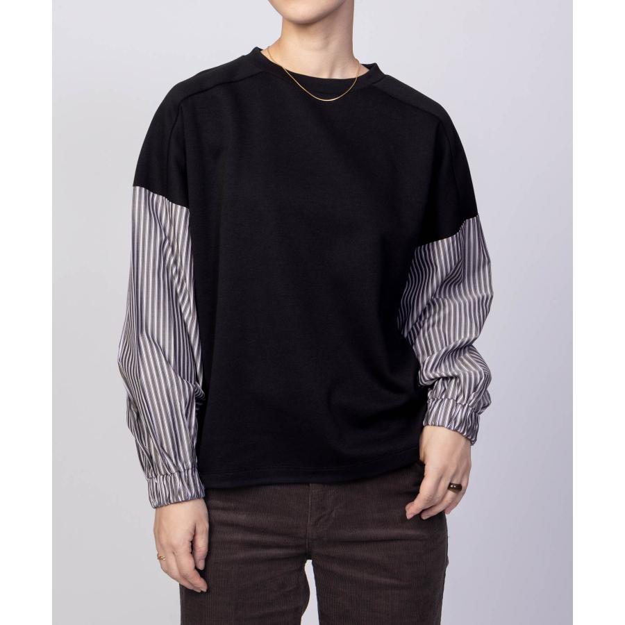 NAVY トレーナー レディース 異素材 切替え 前後差丈 ストライプ プル