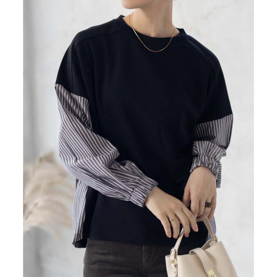 NAVY トレーナー レディース 異素材 切替え 前後差丈 ストライプ プル