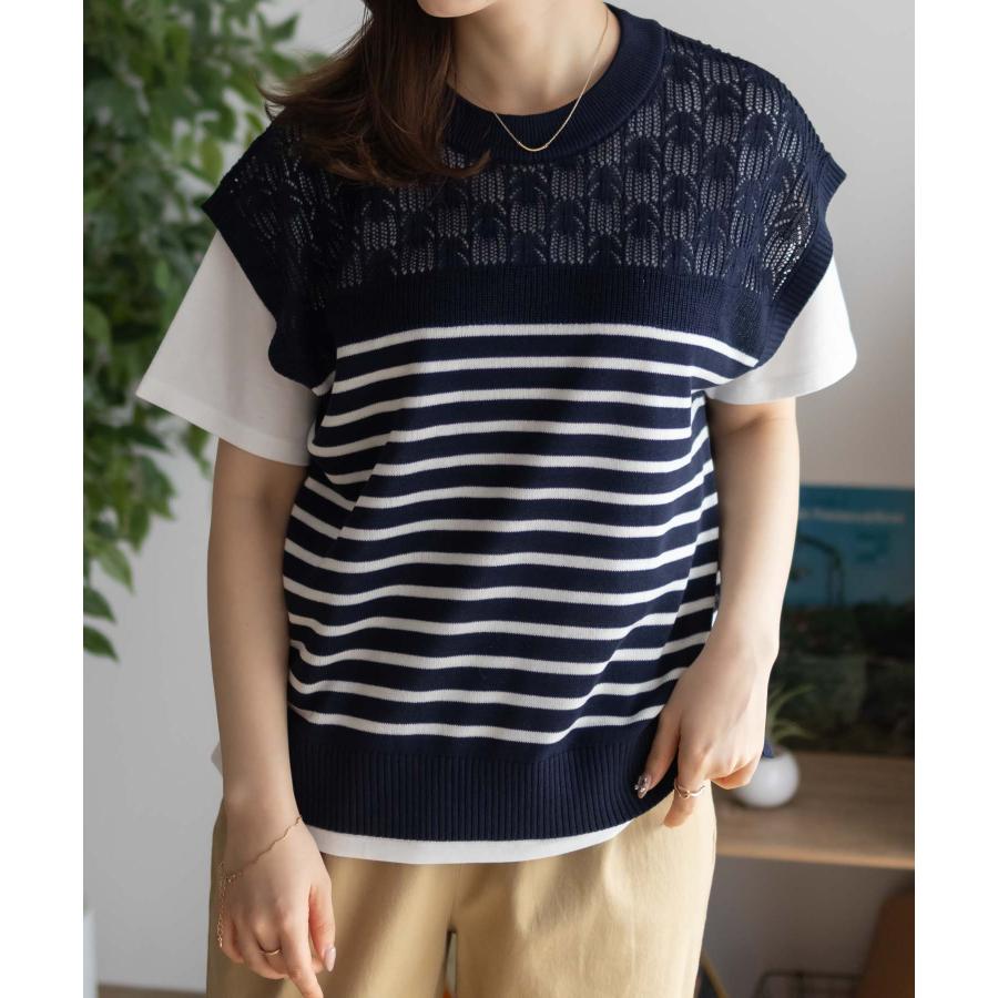 NAVY ベスト 半袖Tシャツ アンサンブル レディース ボーダー 柄編み 