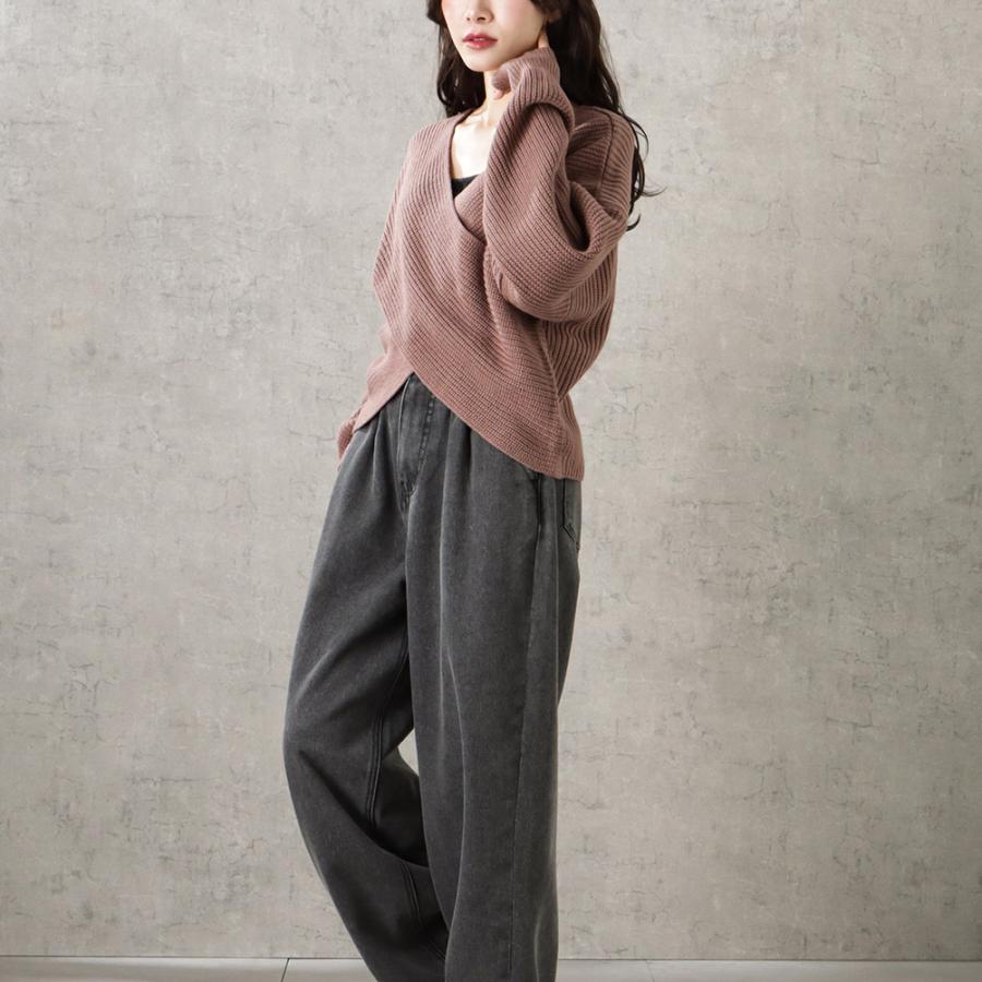 ニット セーター レディース 長袖 無地 クロスネック Vネック