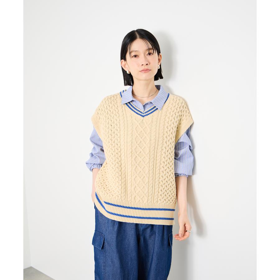 Idnes イドネス ベスト レディース Vネック ケーブル編み ゆったり
