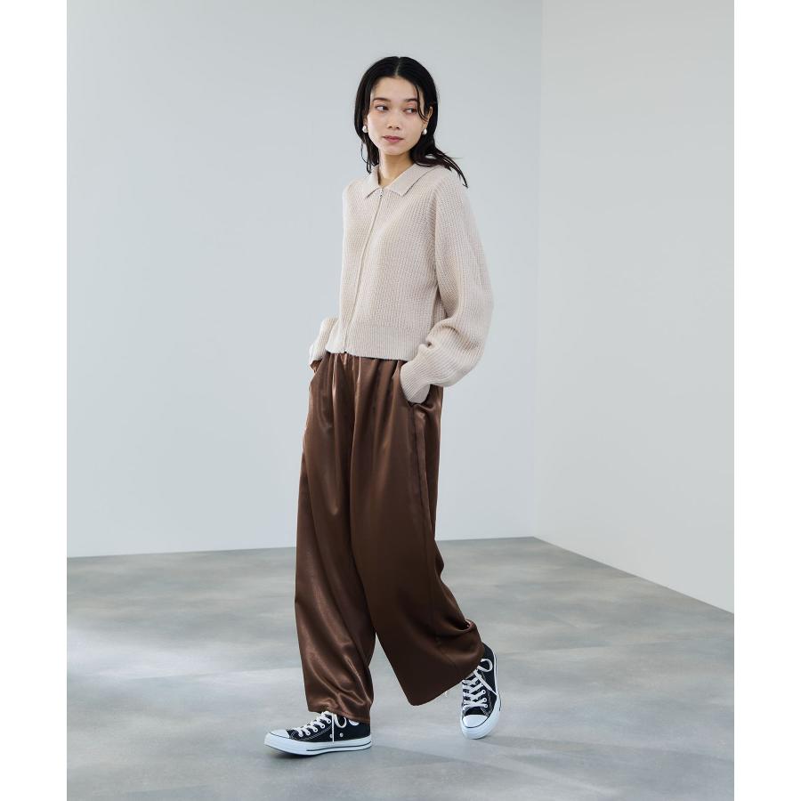 ワイドパンツ レディース サテン ツヤ感 ウエストゴム ドローコード