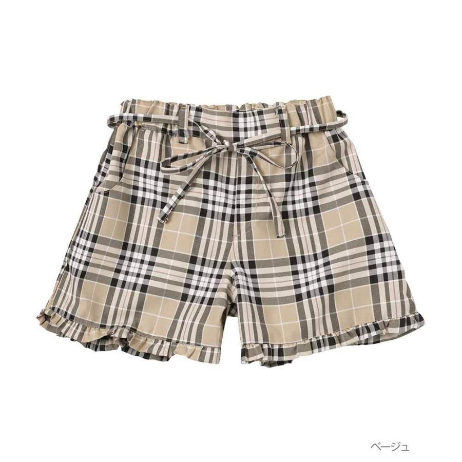 00s 希少 TRALALA レースアップリボン 裾フリルチェックショーパン NAVY ショートパンツ キッズ チェック 裾フリル ウエストリボン ショー