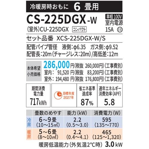 エオリア CS-225DGX-W パナソニック エアコン 6畳 GXシリーズ お掃除 