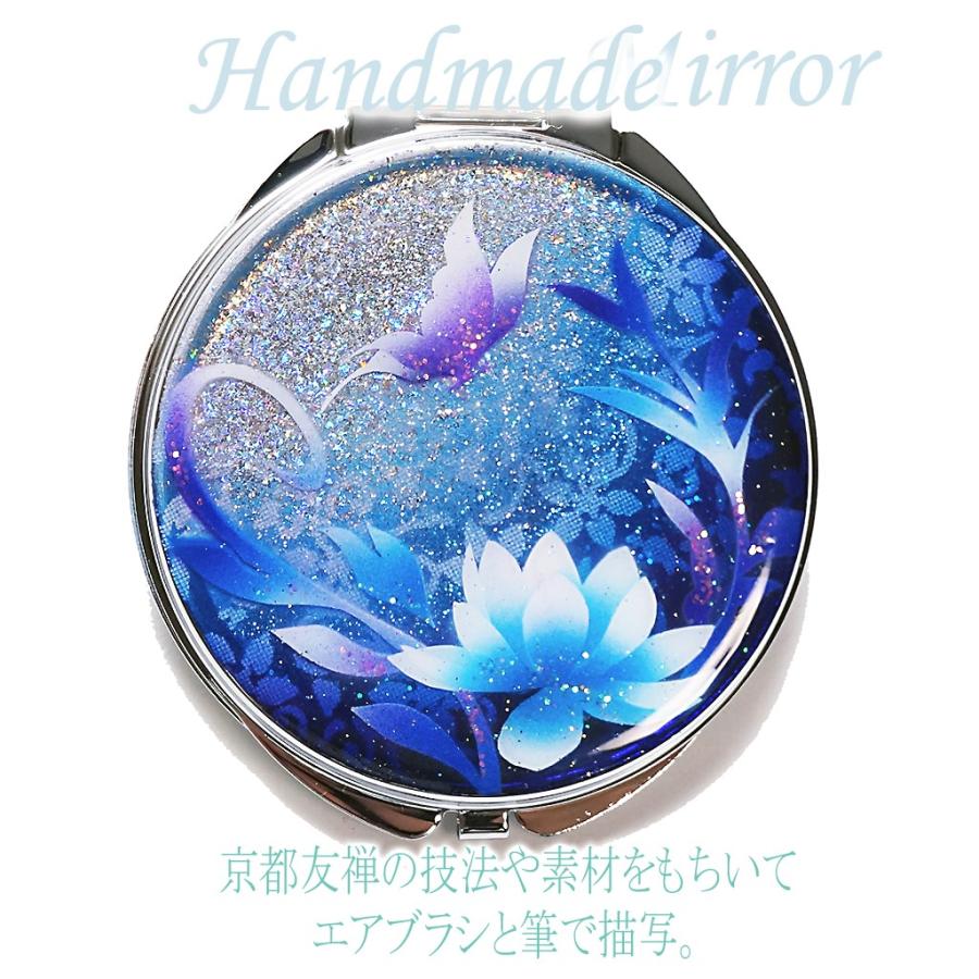 ハンドメイド 手描きコンパクトミラー 蓮と蝶 青Version m14 銀箔 名