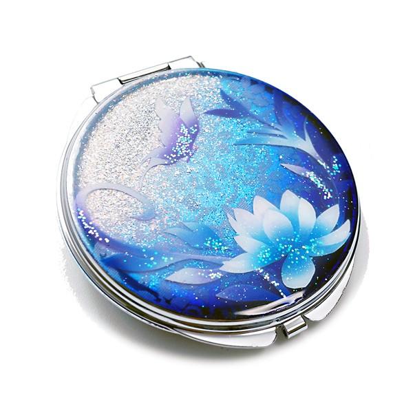 銀製　コンパクトミラー ハンドメイド 手描きコンパクトミラー 蓮と蝶 青Version m14 銀箔 名