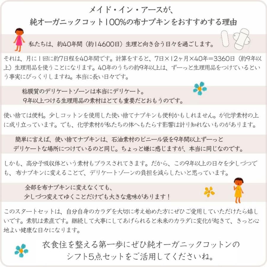 布ナプキン シフト 5点 セット オーガニック コットン 生理用品 お試し ライナー おりもの シート 羽付き 軽い日 昼用 多い日 夜用 国産  日本製 生理 温活