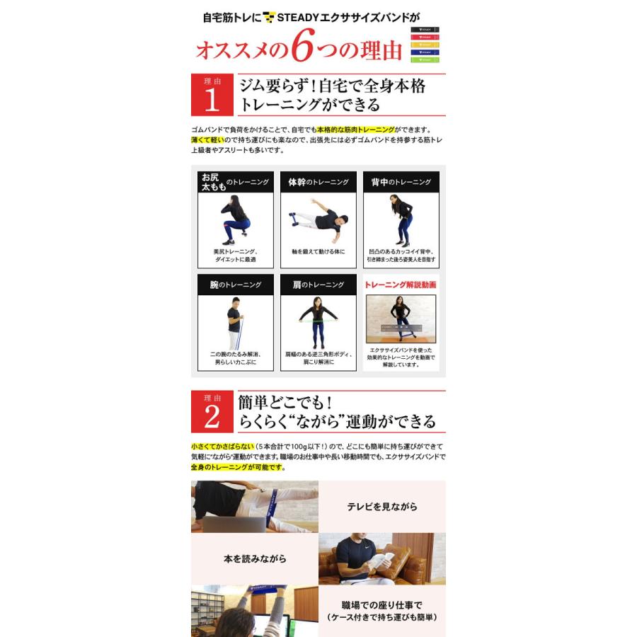 ゴムバンド エクササイズバンド  強度別5本セット トレーニング動画 収納袋付 トレーニングチューブ 筋トレ STEADY ST103｜madurez｜03