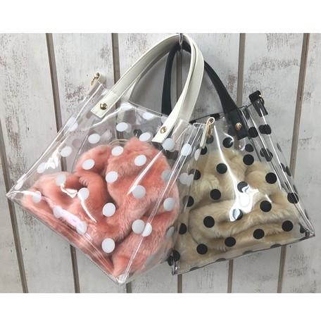 クリアバッグ ドット PVC トートバッグ ファー巾着付き 透明素材