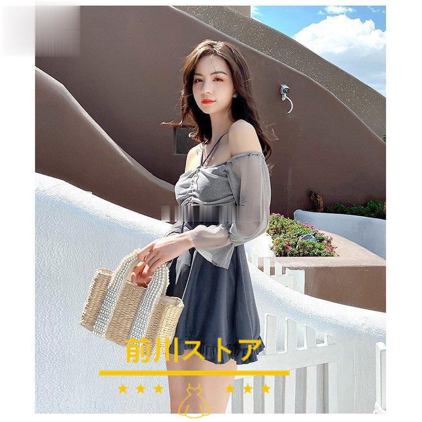 水着 レディース 体型カバー 水着ワンピース型 サロペット水着 長袖 Uv 肩出し 小胸バンドゥ オシャレ可愛い スイムウェア 学生 ラッシュガード ビーチ 日本