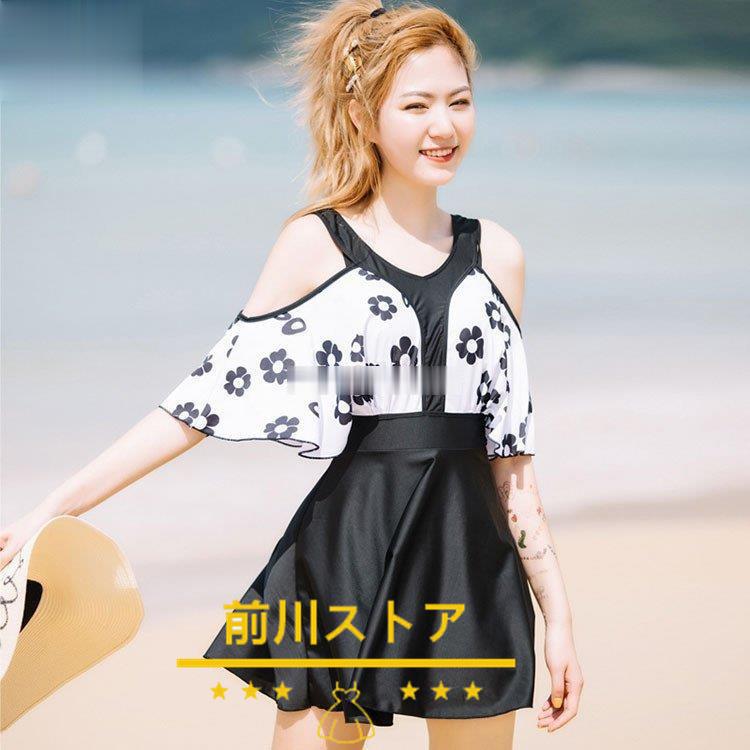 水着 レディース 体型カバー 水着ワンピース型 花柄 サロペット水着 半袖 肩出し 小胸バンドゥ 40代 オシャレ韓国風 可愛い スイムウェア ママ水着 温泉 海辺 激安本物