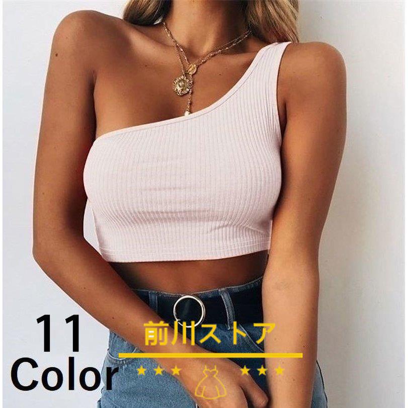 種類豊富な品揃え タンクトップ ハーフトップ レディース トップス ワンショルダー ノースリーブ ミニ丈 へそ出し シンプル 無地 セクシー ビーチ バカンス 夏