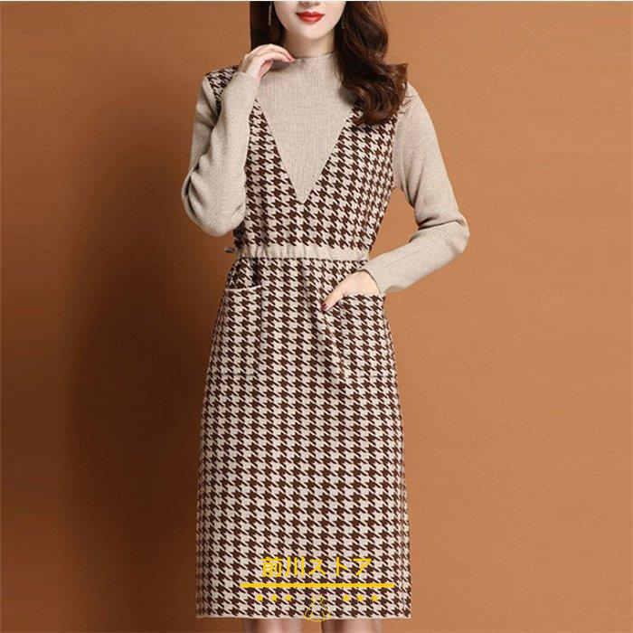 公式の ニットワンピース バイカラーワンピース 長袖 体型カバー レディース 膝丈 着痩せ ひざ丈 千鳥 ハイウエスト 大きいサイズ ハイネック 秋 冬 30代 40代 50代 Sylvia Schlesiger De