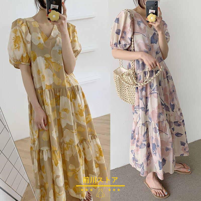 6円 Sale 97 Off ワンピース レディース 40代 キレイめ マキシワンピース 花柄 春夏 半袖ワンピース パフスリーブ シフォンスカート オシャレ ゆったり韓国風 体型カバー送料無料