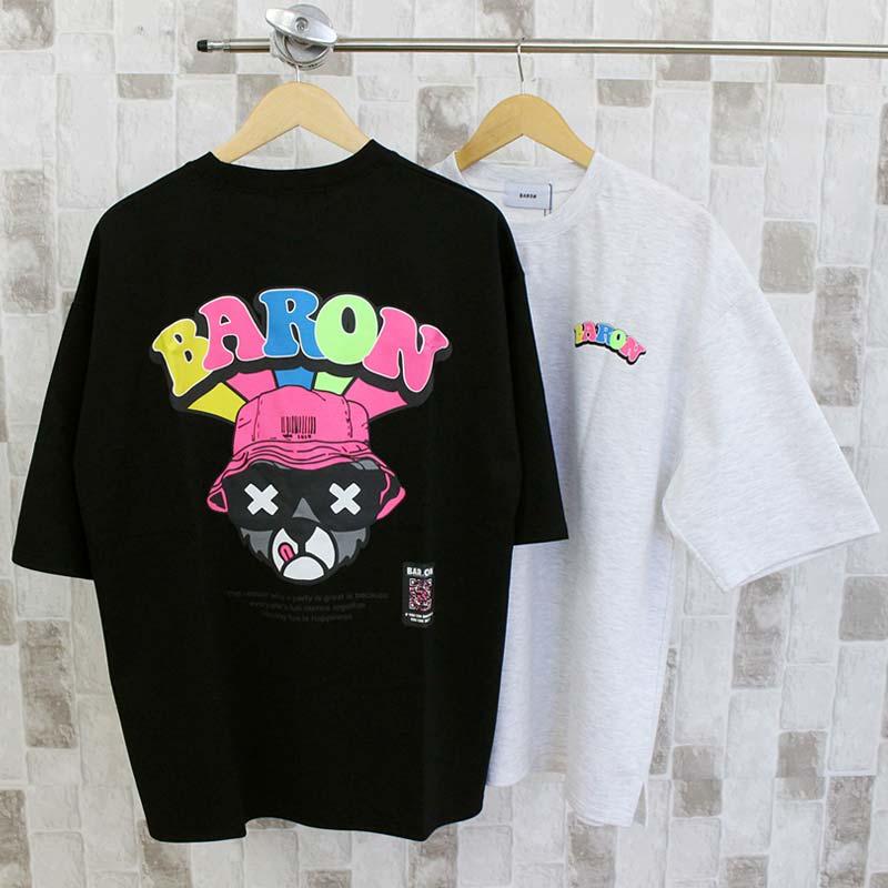 BARON バロン ネオンカラーロゴ バックプリント クルーネック 半袖Tシャツ ヘビーウェイト コットン トップス 韓国ファッション メンズ ...