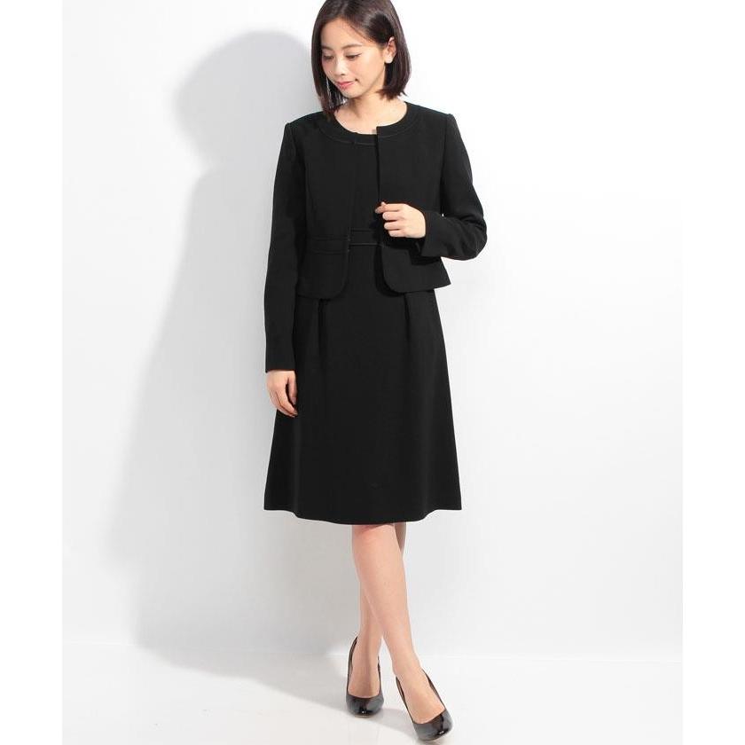 手数料安い ブラックギャラリー オールシーズン ブラックフォーマル 喪服 礼服 葬式 卒業式 ウエスト切替ノーカラーjkとサテンテープ切替ワンピースのセットス 海外輸入 Nooitmeergrasmaaien Be