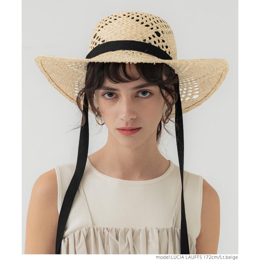 coca 【コカ】リボン付き透かし編み麦わら帽子（つば広/サイズ