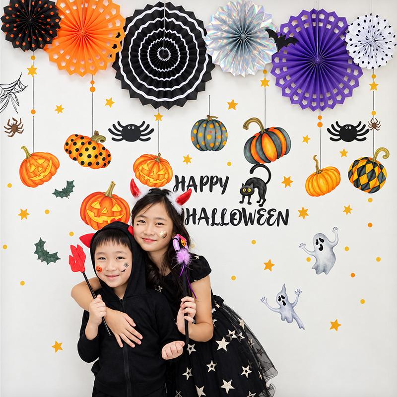 ウォールステッカー ペーパーファン ハロウィン 飾りつけセット 【パンプキン/ファンセット】 はがせる 飾り 壁 シール ステッカー 壁紙 | 