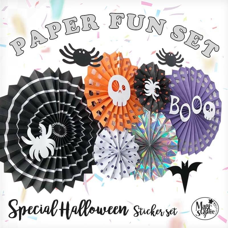モチーフ＆ステッカー付き ペーパーファン 6ピース セット スペシャル ハロウィン パーティー 飾り 紫 パープル オレンジ 黒 ブラック こうもり くも | 
