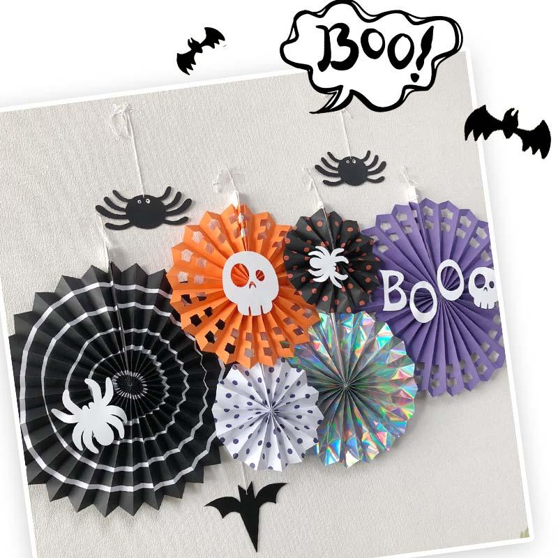 モチーフ＆ステッカー付き ペーパーファン 6ピース セット スペシャル ハロウィン パーティー 飾り 紫 パープル オレンジ 黒 ブラック こうもり くも |  | 01
