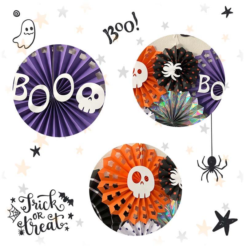 モチーフ＆ステッカー付き ペーパーファン 6ピース セット スペシャル ハロウィン パーティー 飾り 紫 パープル オレンジ 黒 ブラック こうもり くも |  | 04