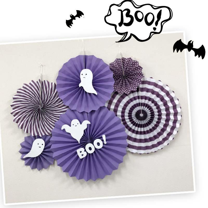 ステッカー付き ペーパーファン 6ピース セット おばけ ハロウィン パーティー 飾り 誕生日 バースデー パープル ホワイト 紫 白 |  | 01