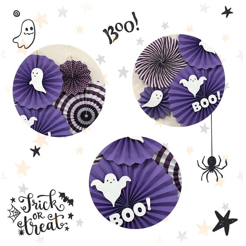 ステッカー付き ペーパーファン 6ピース セット おばけ ハロウィン パーティー 飾り 誕生日 バースデー パープル ホワイト 紫 白 |  | 04