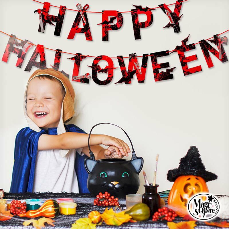 ハロウィン 飾り ガーランド A パーティー 海外風 ロゴ 北欧 飾り付け 装飾 室内 おしゃれ かわいい フラッグ バナー こうもり 黒 赤 ブロック | 