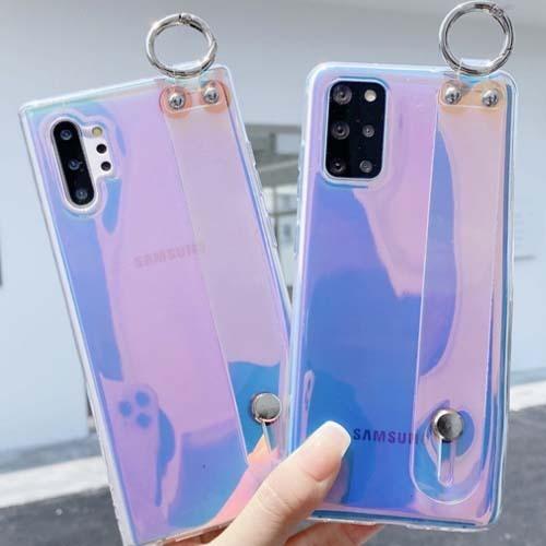 Galaxyオーロラホログラム風ベルトバンド付きクリアスマホケース