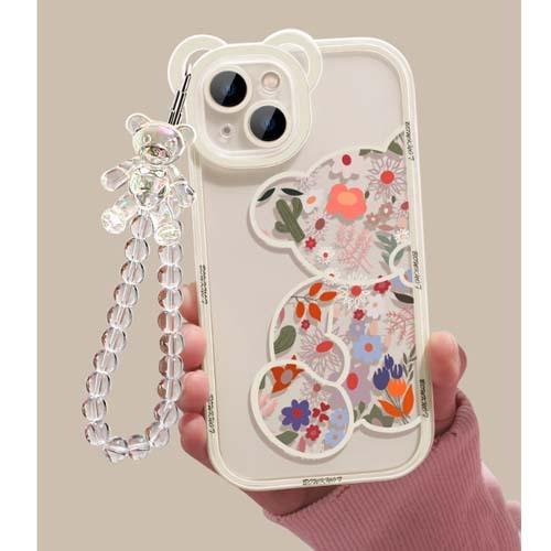 iPhoneかわいい花柄フラワーくまクリアチャームストラップ