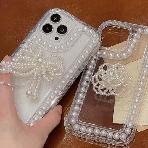 iPhone パールフラワーorリボン選べるクリアスマホケース お花