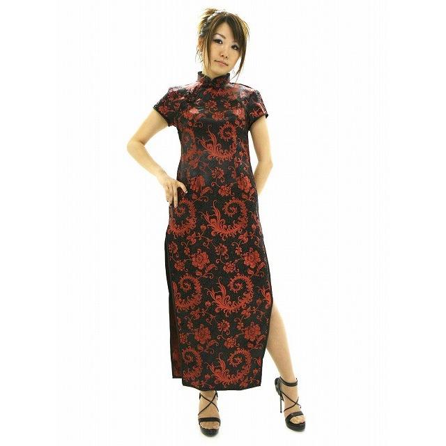 チャイナドレスロング 大花羽（だいかおう） 黒/赤 奉仕品 : コスプレ