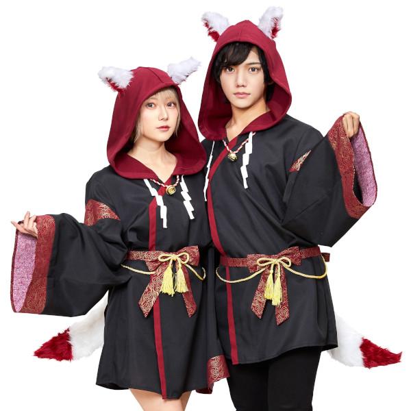 ファングル 稲荷様パーカー 男女兼用 白狐 キツネ お稲荷さん コスプレ 衣装 ハロウィン 仮装 黒 大人用 | 