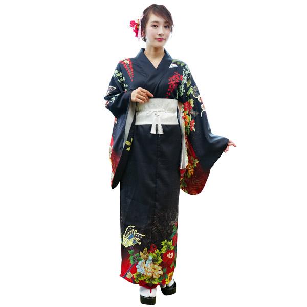 レディース着物セット 黒牡丹 仮装用 着物 浴衣 コスプレ 衣装 髪飾り 扇子付き 帯は帯紐で留める簡易仕様 | 